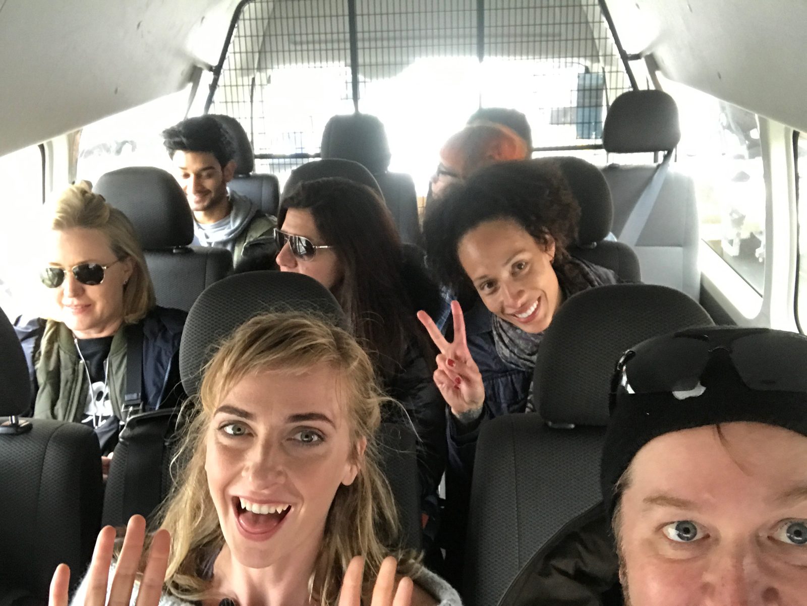The crew squeezed into a van