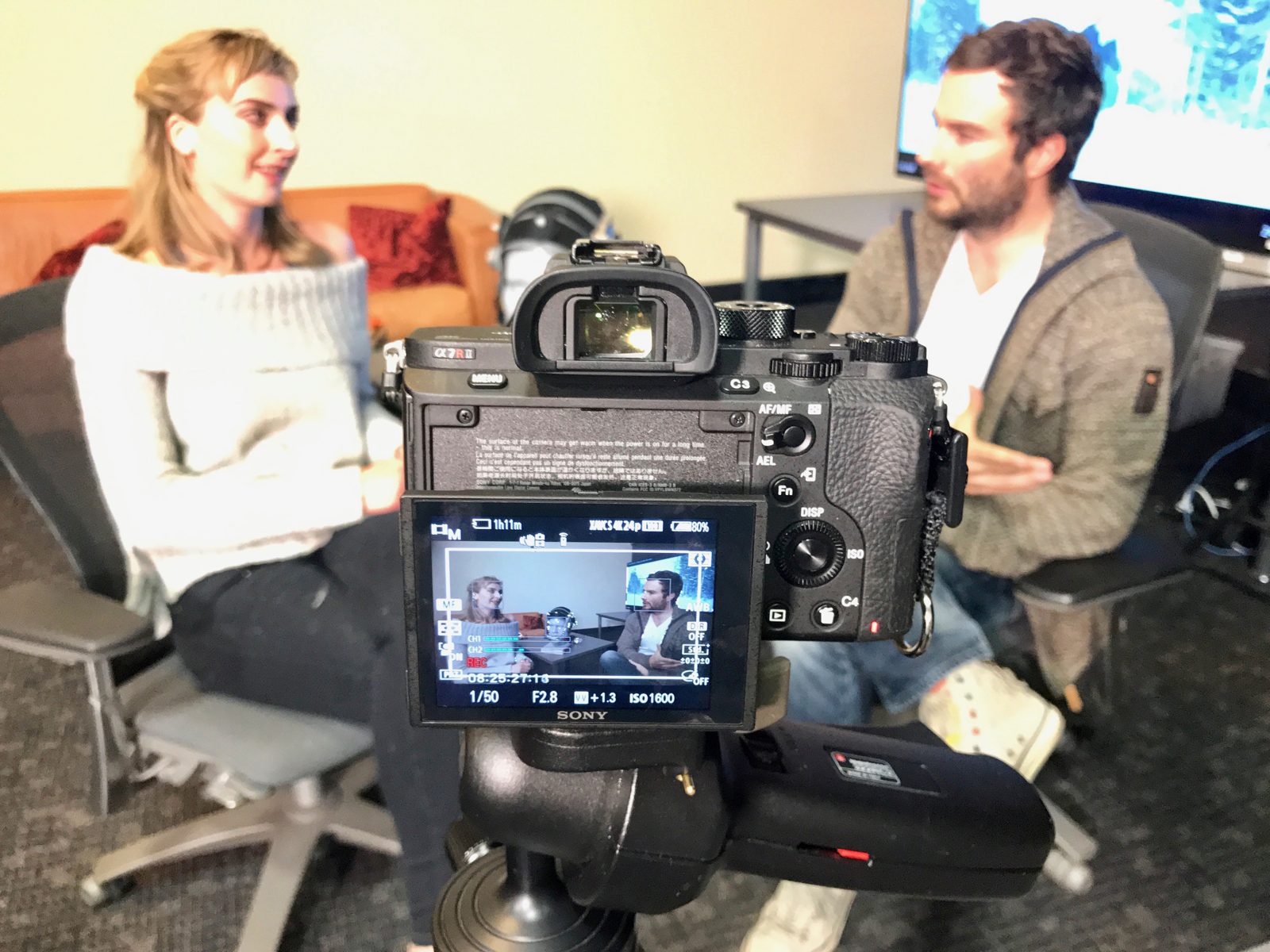 A camera framing an interview at Weta