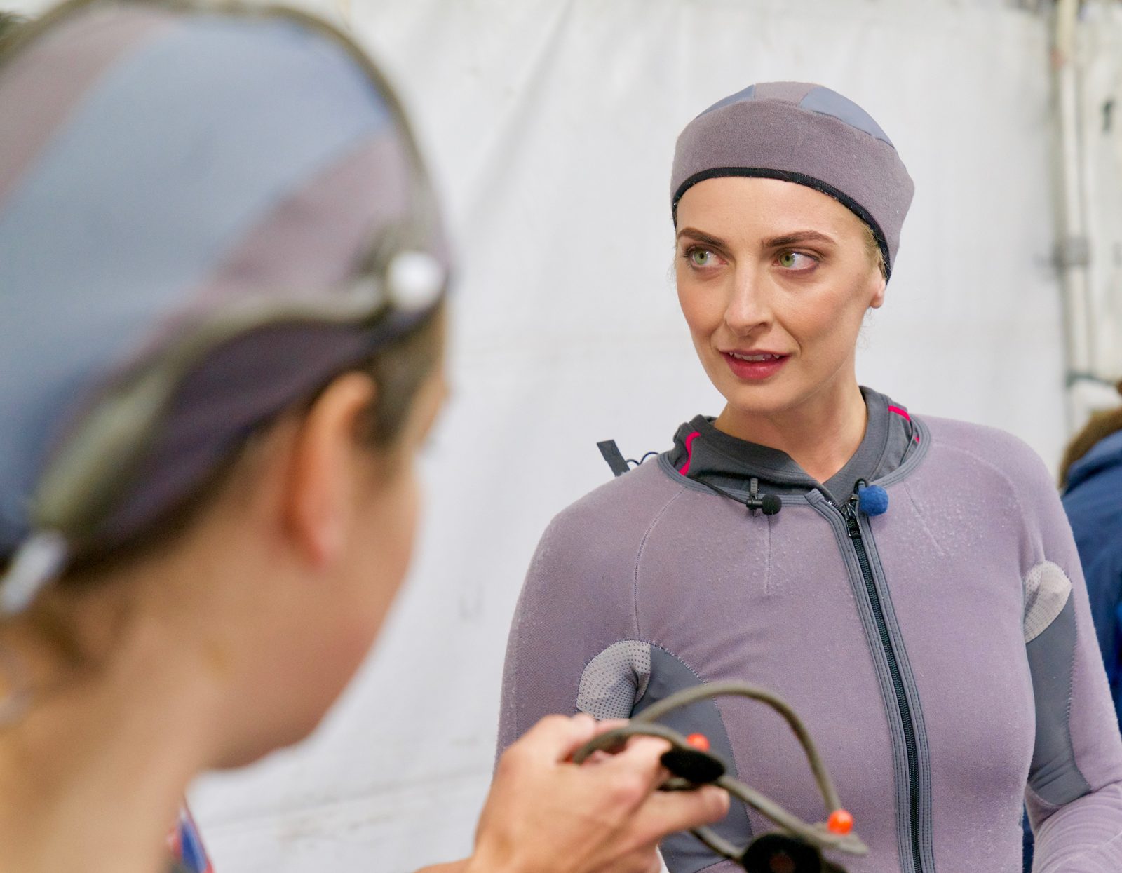 Emily Riedel in a motion-capture cap