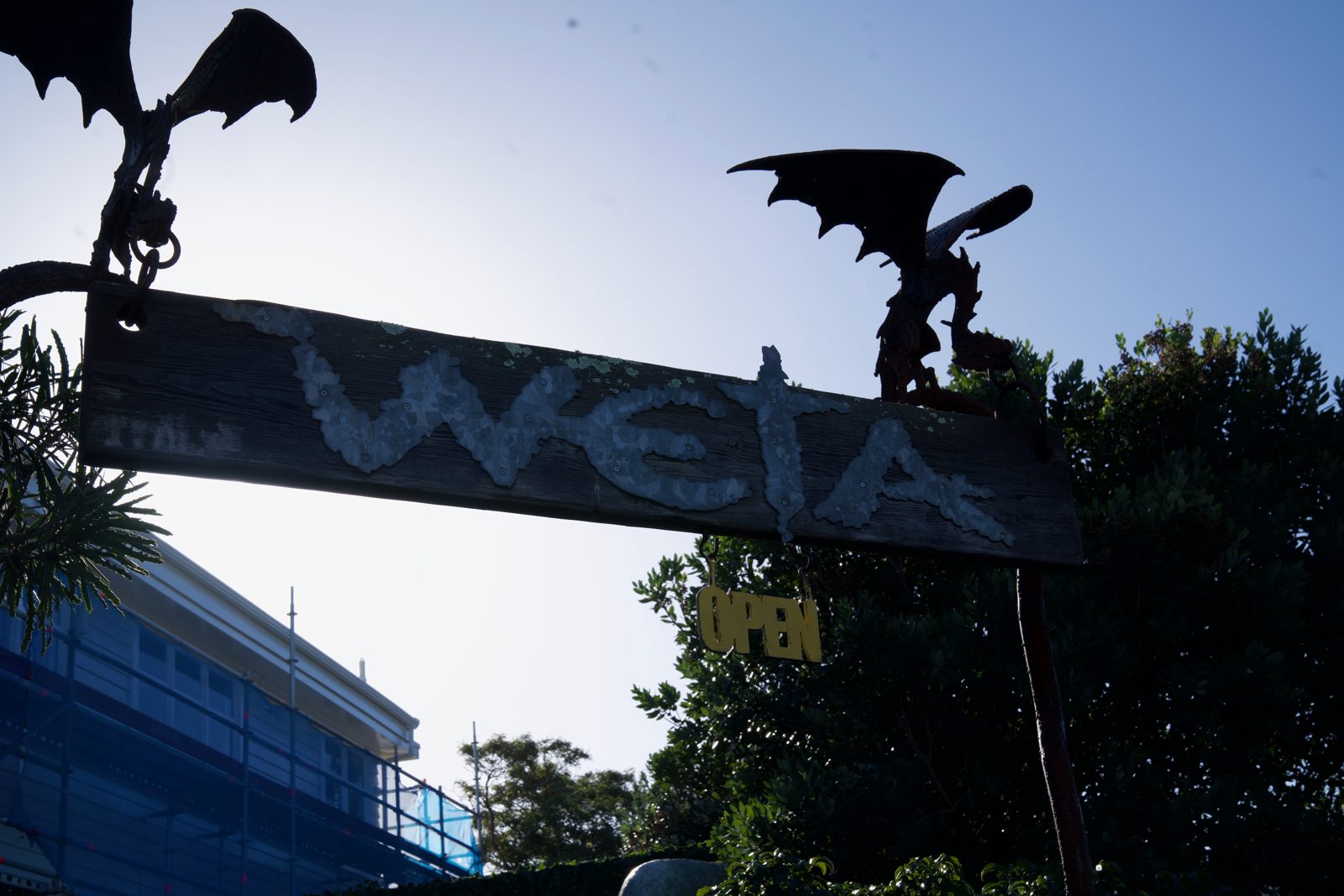 The Weta sign with dragon sculptures