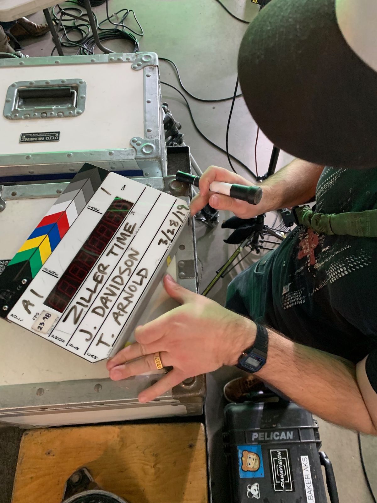 Clapperboard held in front of the camera rig