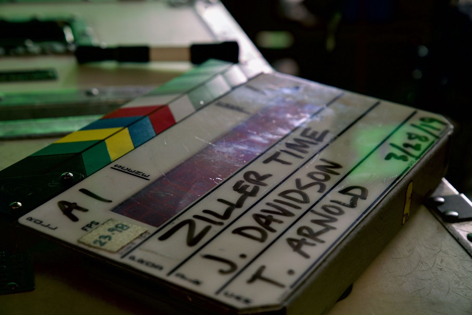 Clapperboard reading Ziller Time, J. Davidson, 3/28/19