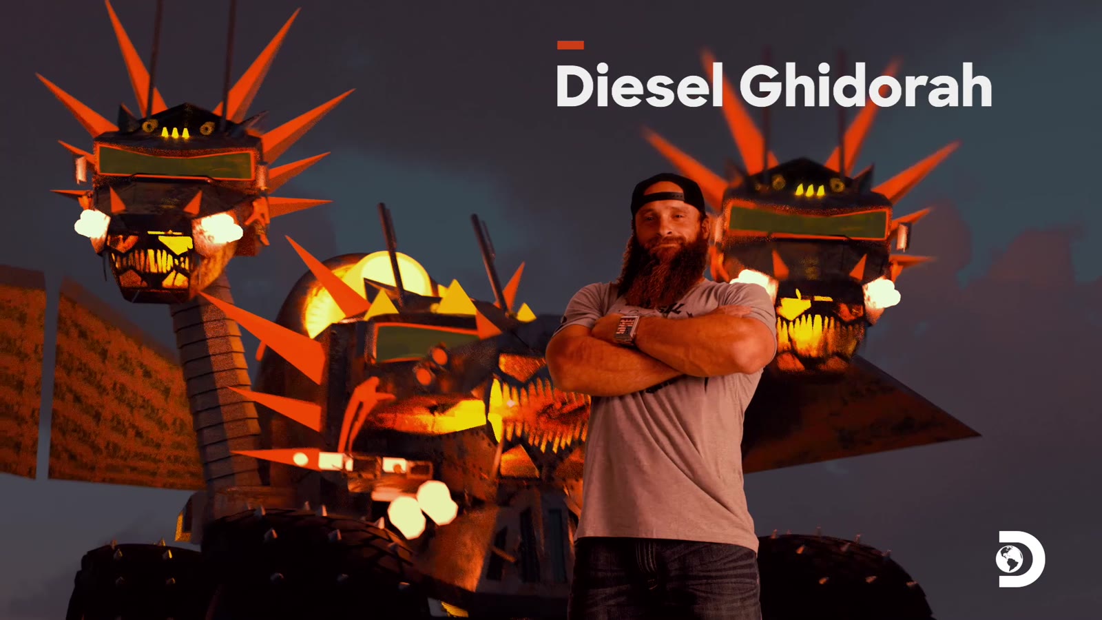 Diesel Dave with arms crossed in front of the spiked Diesel Ghidorah mech