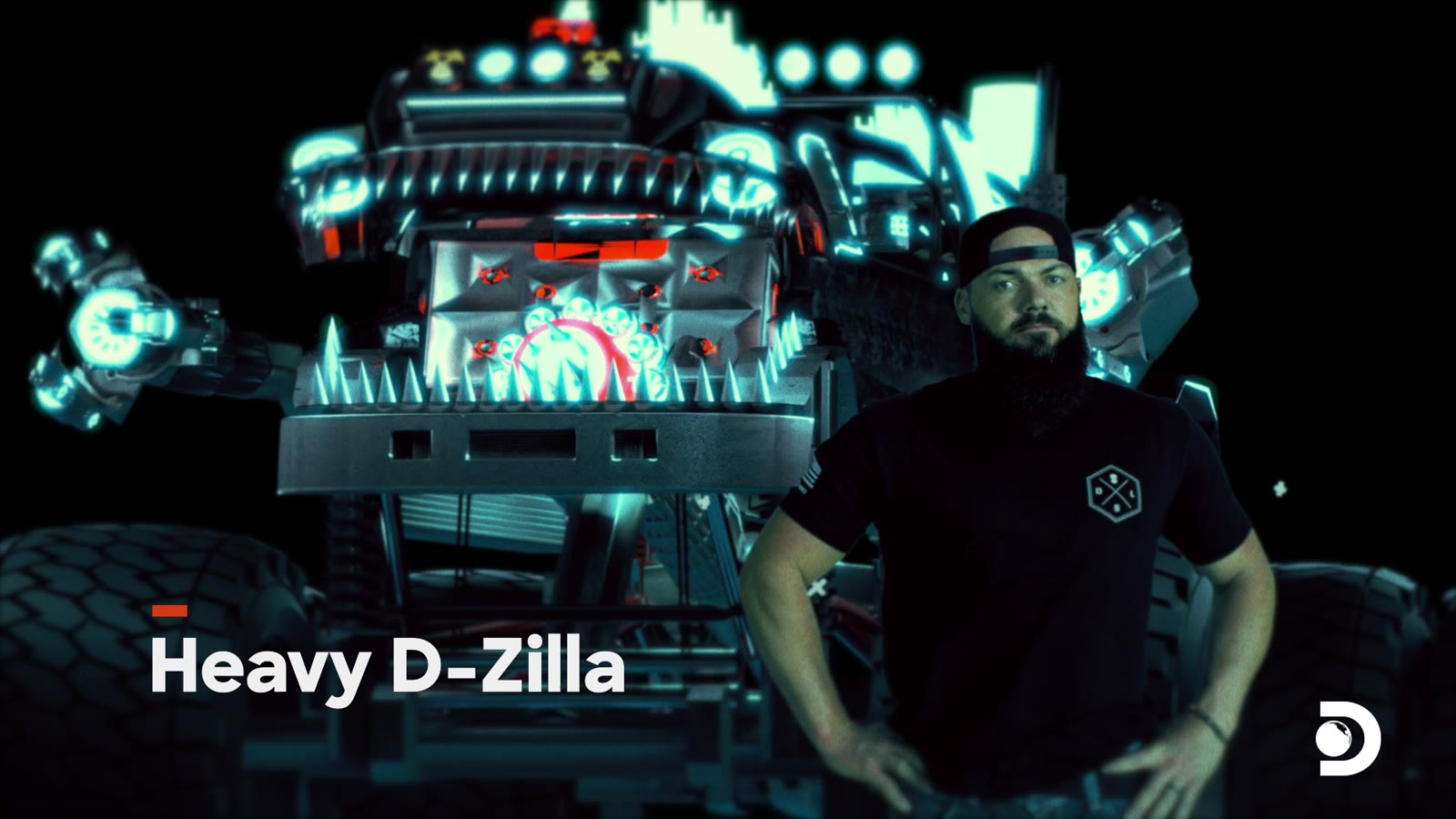 Heavy D standing in front of the glowing Heavy D-Zilla mech