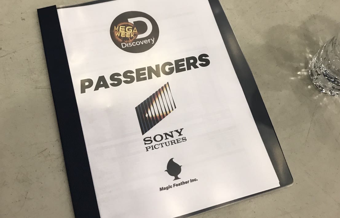 Production binder titled Passengers, with Discovery Mega Week, Sony Pictures and Magic Feather Inc. logos