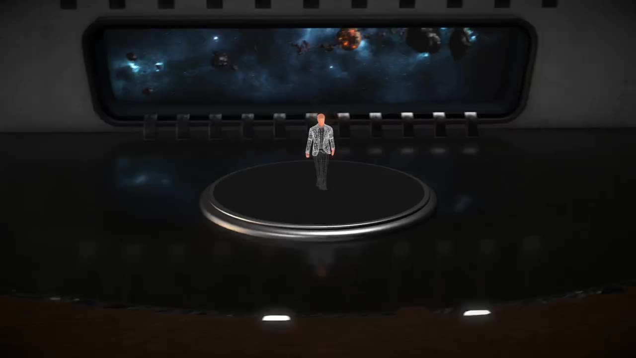 Computer-generated starship viewing deck with a figure standing on a circular platform before a wide starfield window