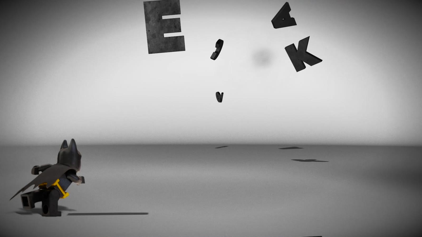 Lego Batman throwing batarangs as letters of a graphic break apart