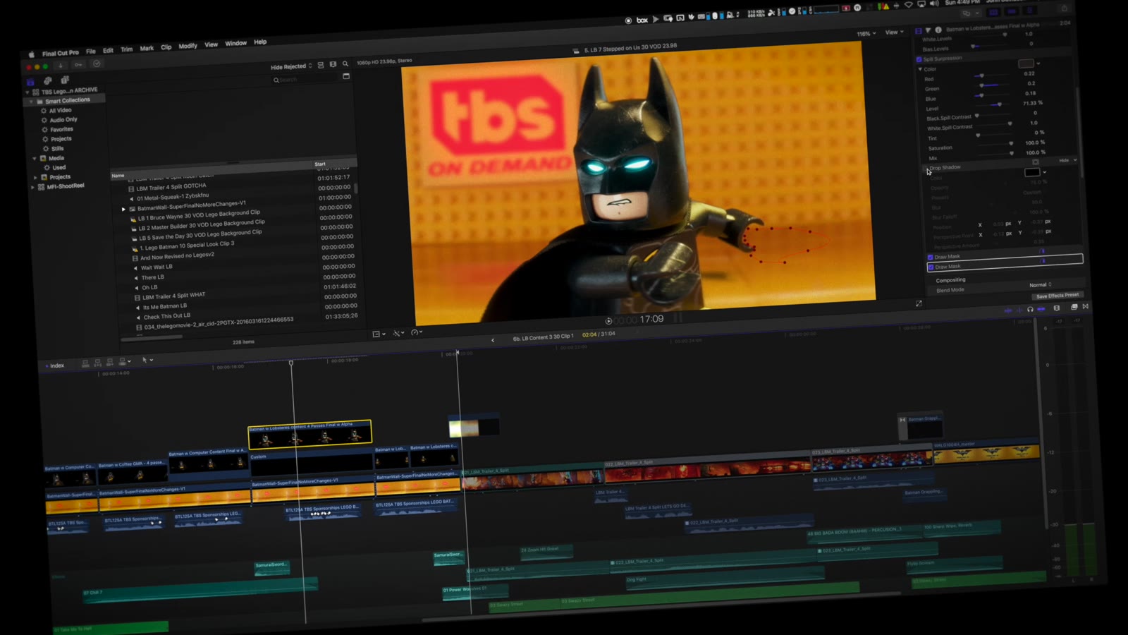 Editing timeline with a Lego Batman shot in the viewer