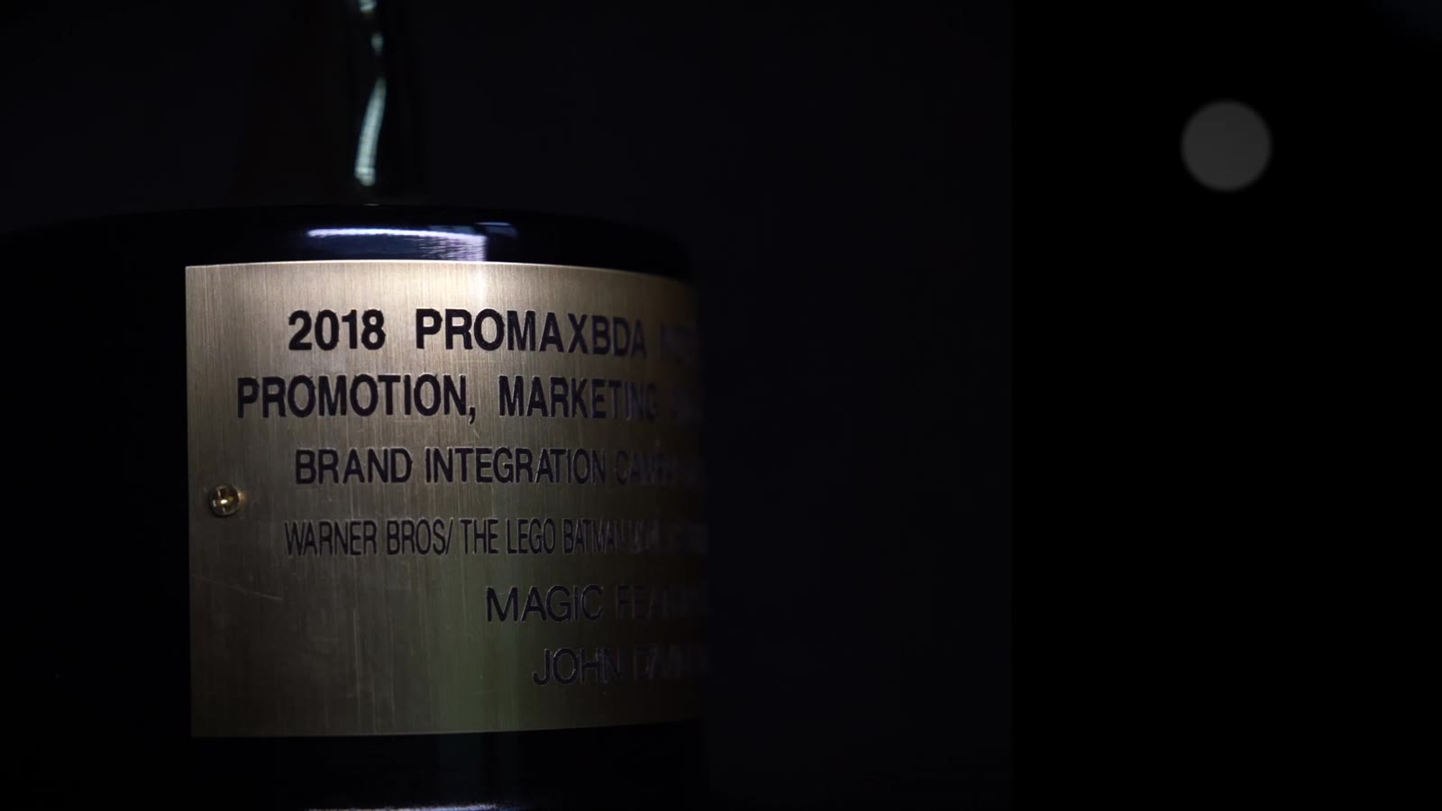 Engraved PromaxBDA award plaque referencing Warner Bros. / The LEGO Batman Movie