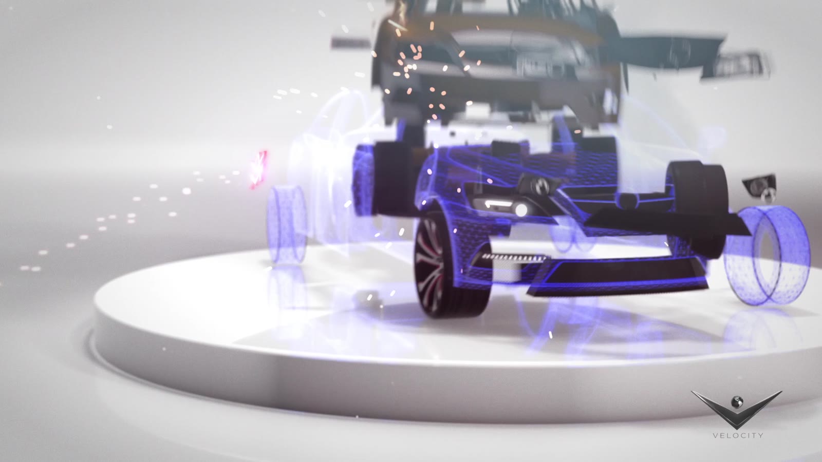 A car reassembling on a turntable with a holographic glow